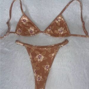 Floral Triangle Bikini Set in Tan with Cream Flowers